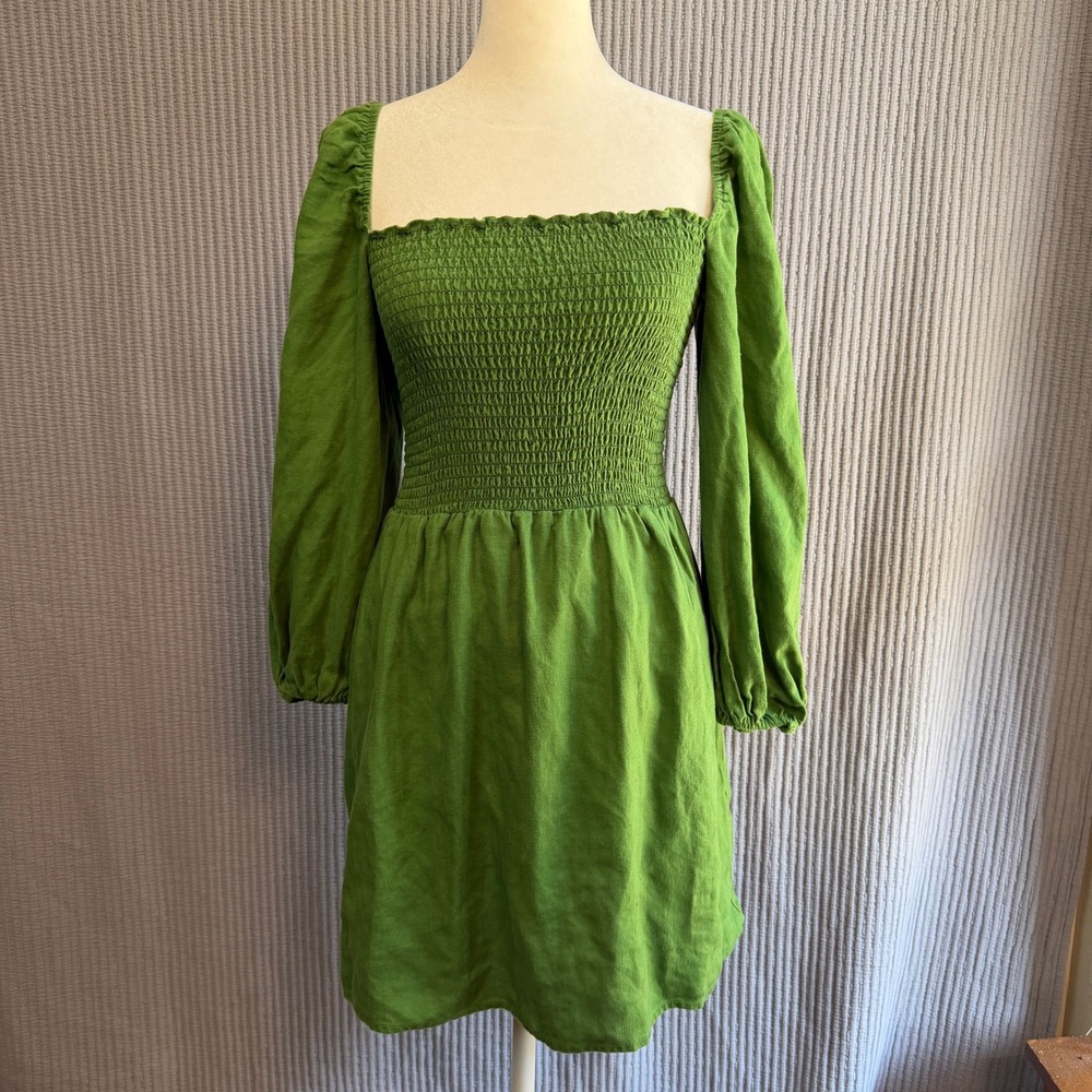 Reformation Linen Mini Dress S Summer Green Boho Smocked Ruffle Boho Cottagecore